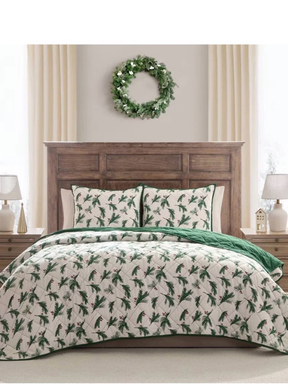 Holiday Pine & Berry Reversible Flannel Queen Set Green/White/Red ~ Festive